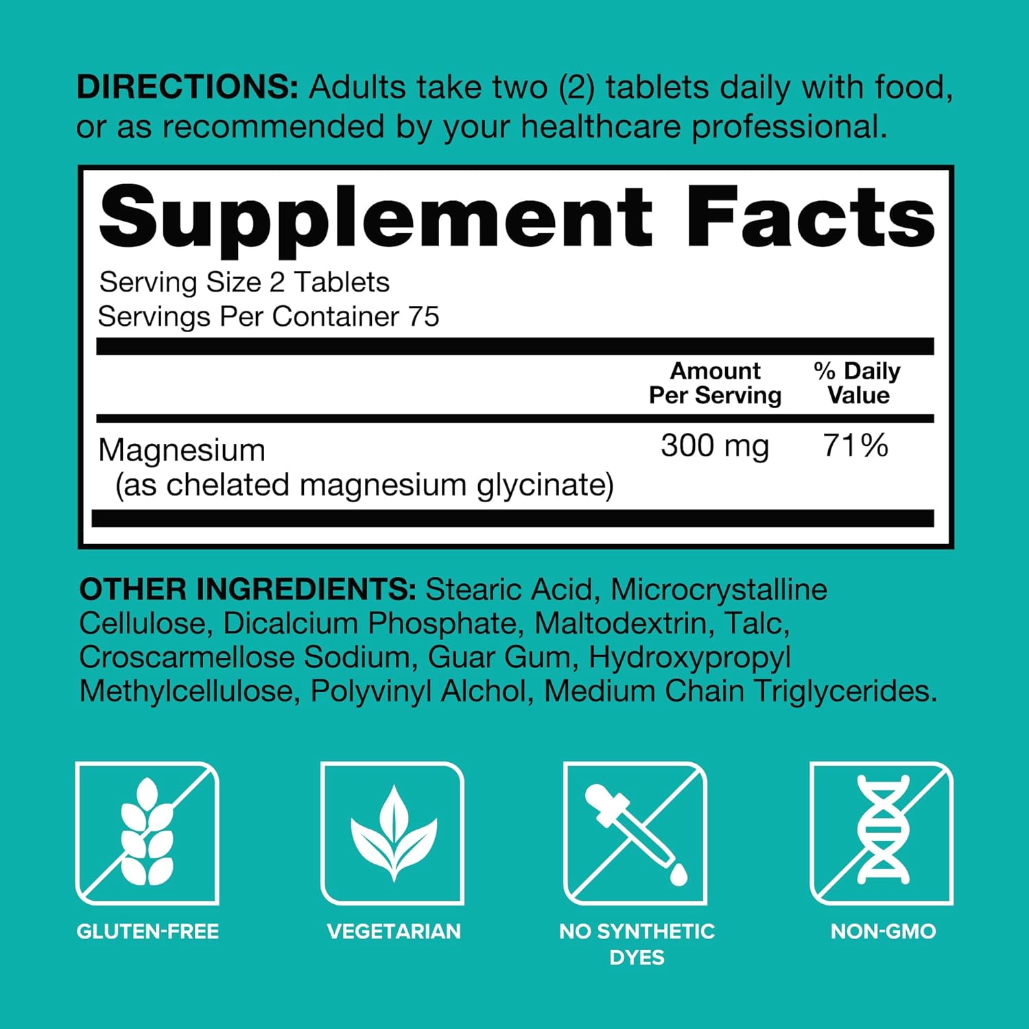 Supplement label with directions, supplement facts, and ingredient list on a teal background