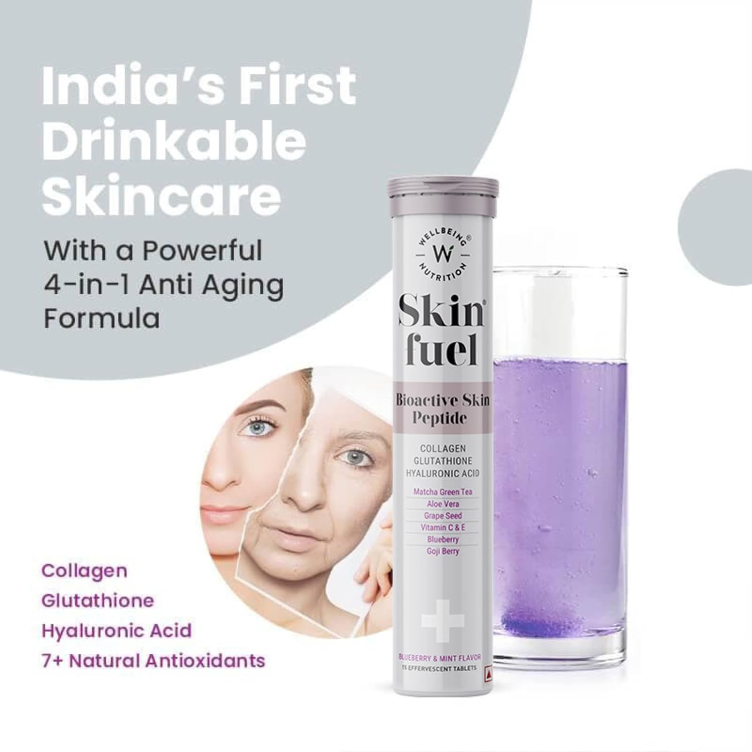 Zephivo Wellbeing Nutrition Skin Fuel | Glutathione & Collagen Tablets | Skin Glow and Radiance for Men & Women | Hyaluronic Acid, Grape Seed, Vitamin E (15 Effervescent Tablets)