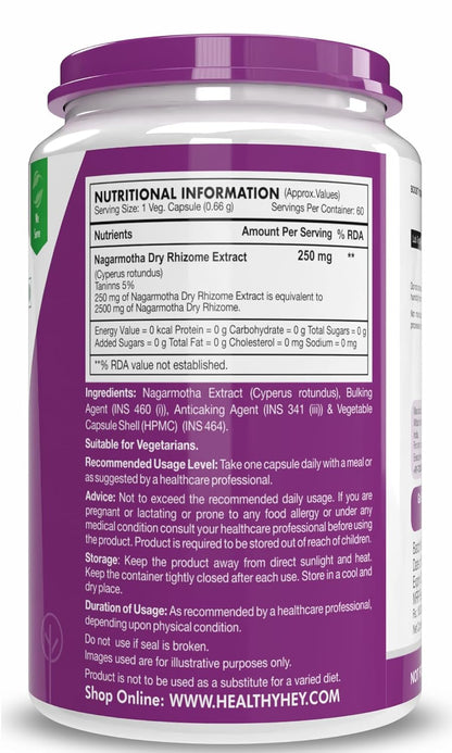 Nutritional information label on a supplement container with purple and white design.