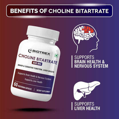 Biotrex Nutraceuticals Choline Bitartrate 650mg Supplement | High Purity Grade | Healthy Brain, Liver, Heart, Nervous System & Cognitive Function - 60 Veg Capsules