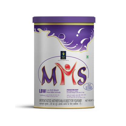 MMS infant milk formula canister with purple and white design on a white background