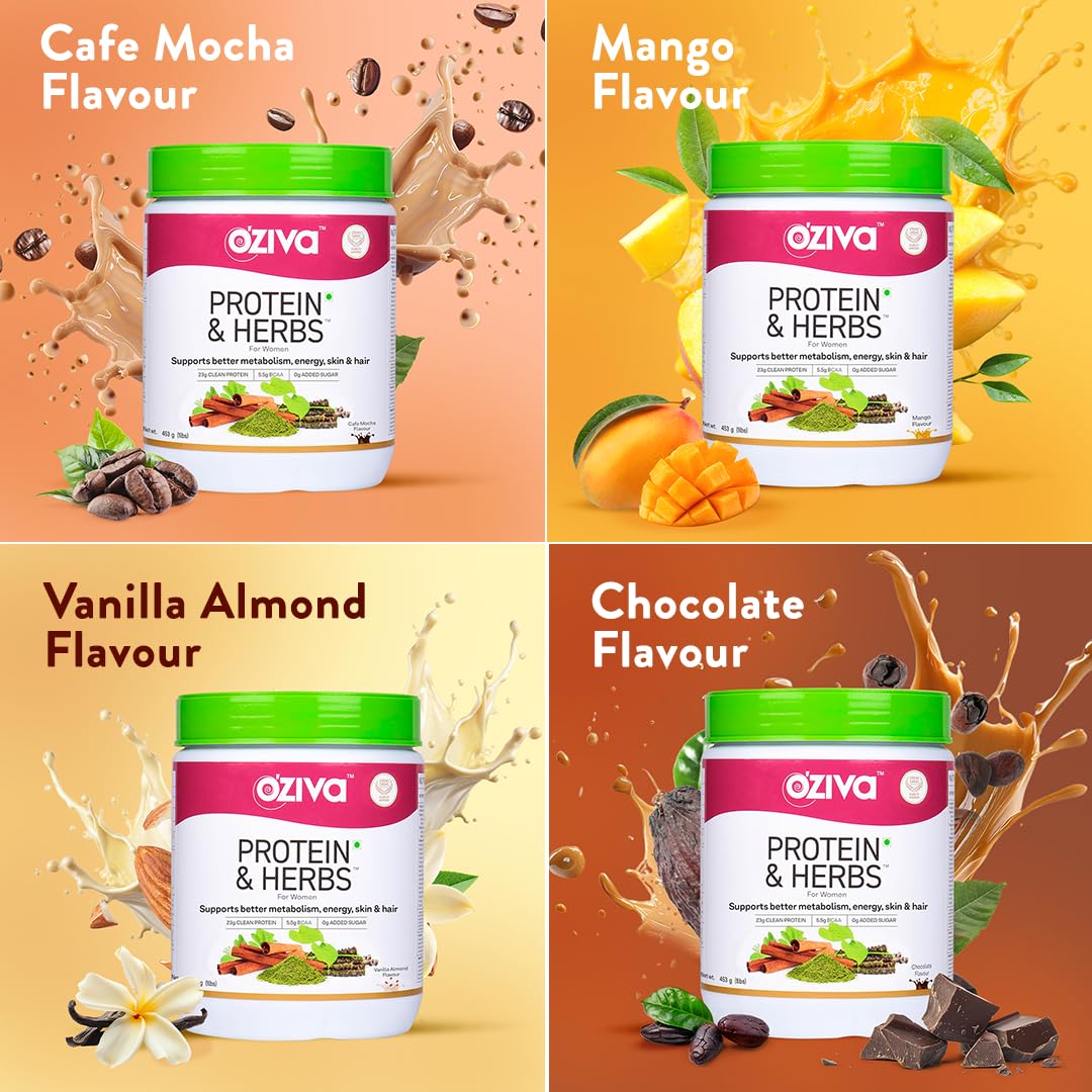 OZiva Protein & Herbs for Women (Cafe Mocha) I Manage Weight, Energy & Metabolism | Clean Protein, Shatavari, Green Tea I No Added Sugar, 1lbs (453gm)