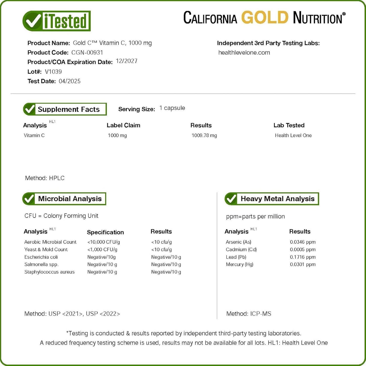 California Gold Nutrition supplement label with test results and details.