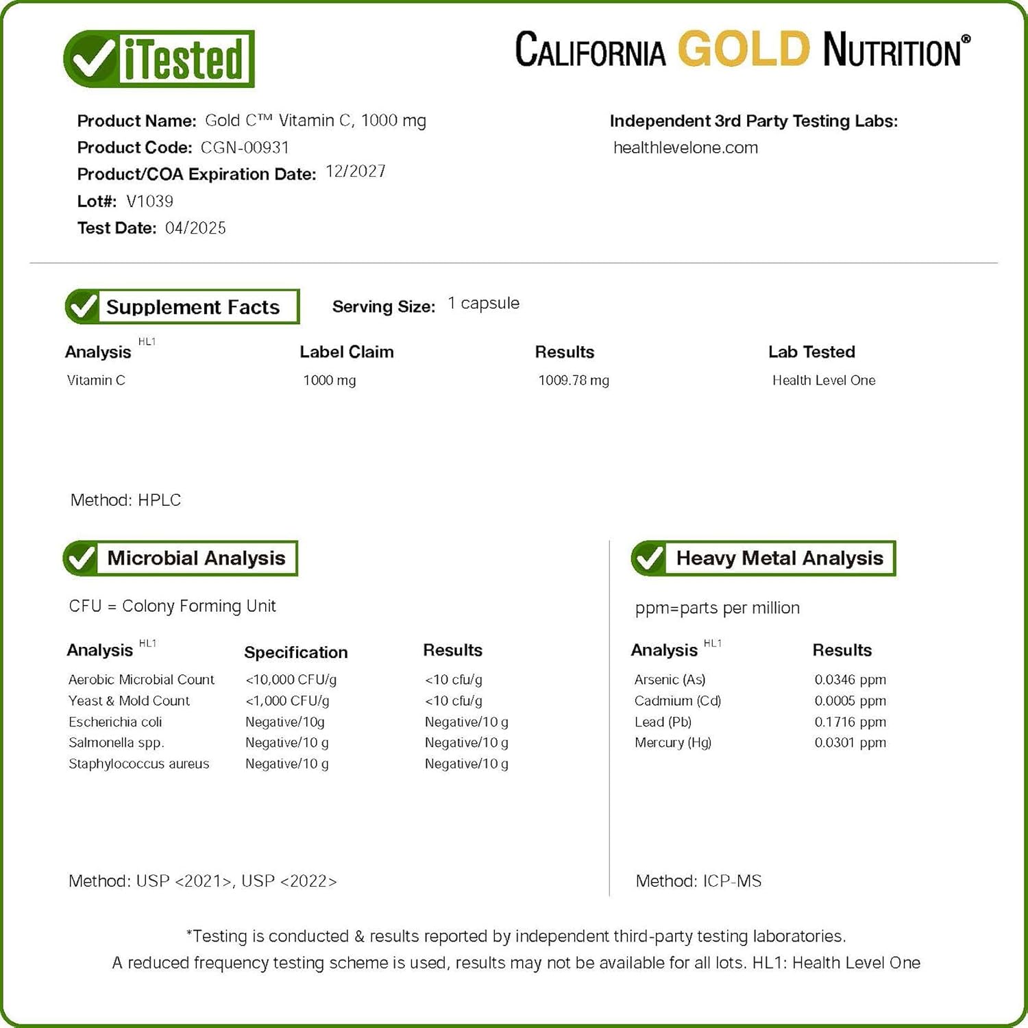 California Gold Nutrition supplement label with test results and details.