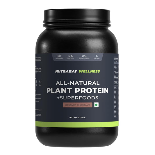 Black container of Nutrabay Wellness all-natural plant protein with superfoods on a white background