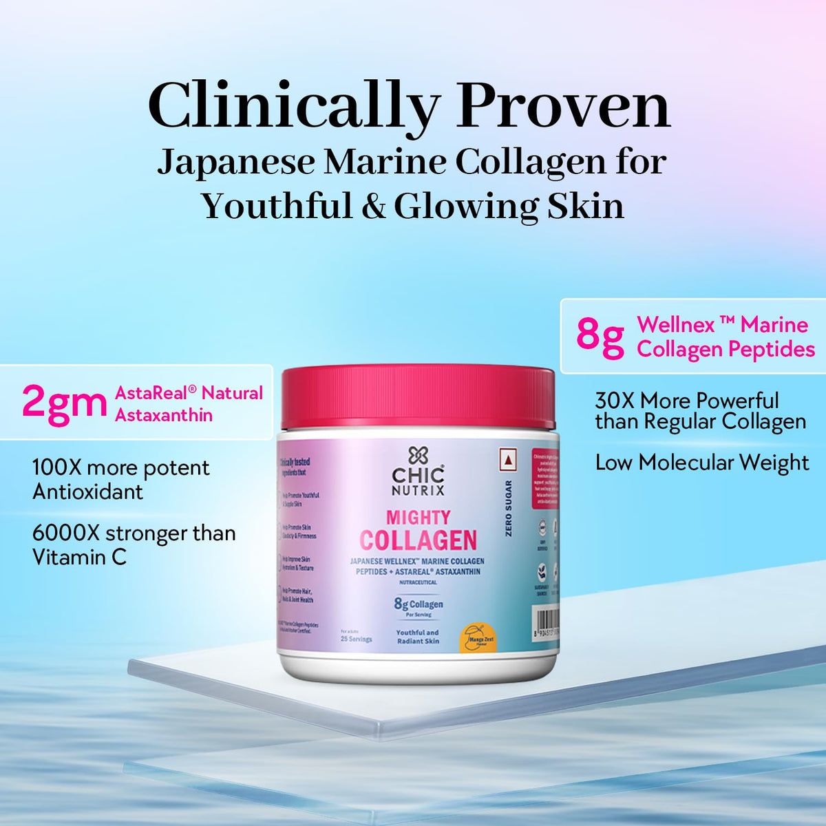 Chicnutrix Marine Collagen Supplements Powder for Women & Men | 8000mg Japanese Wellnex Marine Collagen Peptides, AstaReal Astaxanthin | Zero Sugar, Fast Absorption & No Fishy Aftertaste | Mango Flavour, 25 Servings