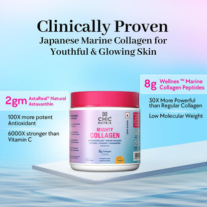 Chicnutrix Marine Collagen Supplements Powder for Women & Men | 8000mg Japanese Wellnex Marine Collagen Peptides, AstaReal Astaxanthin | Zero Sugar, Fast Absorption & No Fishy Aftertaste | Mango Flavour, 25 Servings