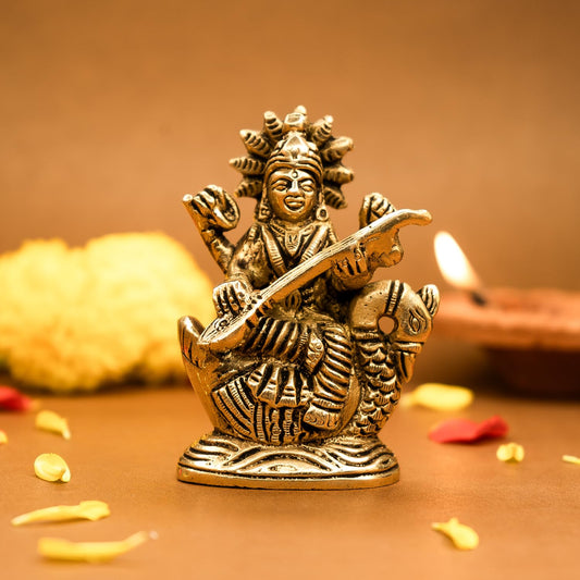 100% Pure Brass Maa Saraswati Idol (Size: 8.4 cm) | Saraswati Maa Murti for Study Table, Car Dashboard, Pooja Room & Home Decor | Saraswathi Devi Pital Idol Small | Saraswati Statue for Gifting
