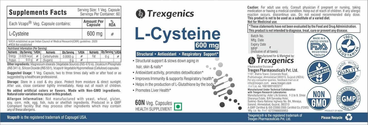 Trexgenics L-Cysteine supplement label with dosage information and branding.