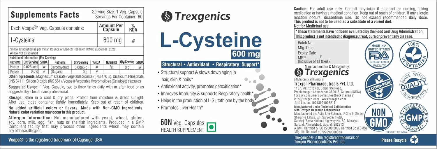 Trexgenics L-Cysteine supplement label with dosage information and branding.