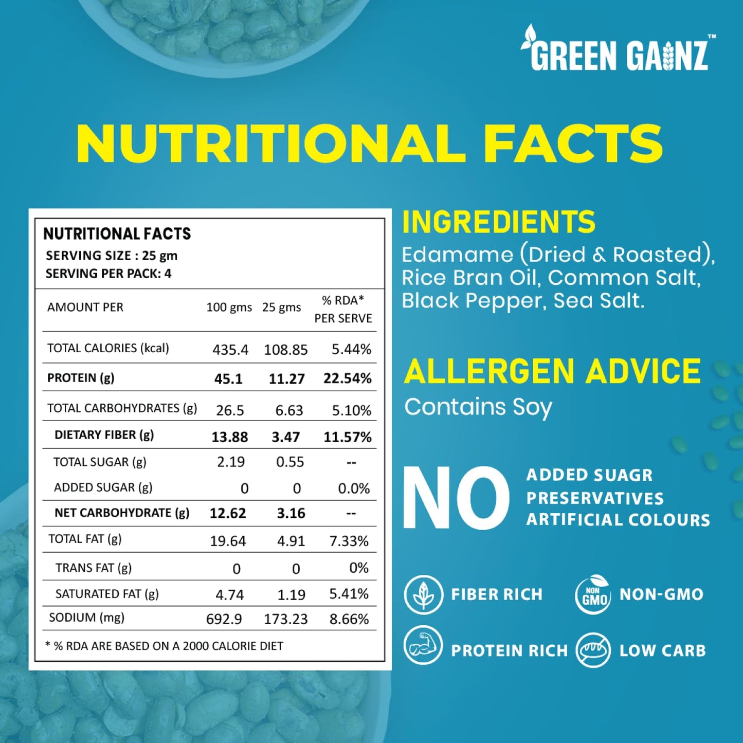 Green Gainz Roasted Edamame Salt n Pepper Flavour 100gm | Healthy Namkeen Snacks | Vegan | High Protein Snack | Weight Loss Friendly | No Palm Oil | Roasted, Not Fried