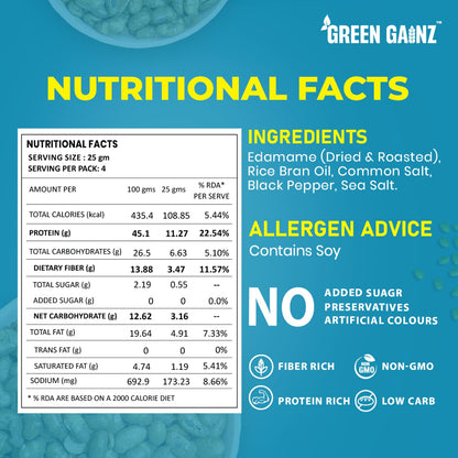 Green Gainz Roasted Edamame Salt n Pepper Flavour 100gm | Healthy Namkeen Snacks | Vegan | High Protein Snack | Weight Loss Friendly | No Palm Oil | Roasted, Not Fried