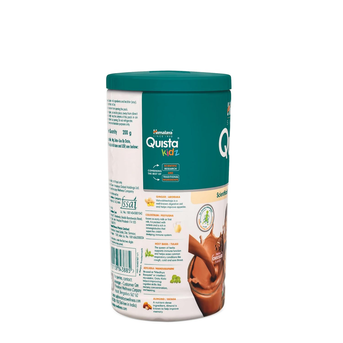Container of Nestle Quista Kids chocolate-flavored powder on a white background