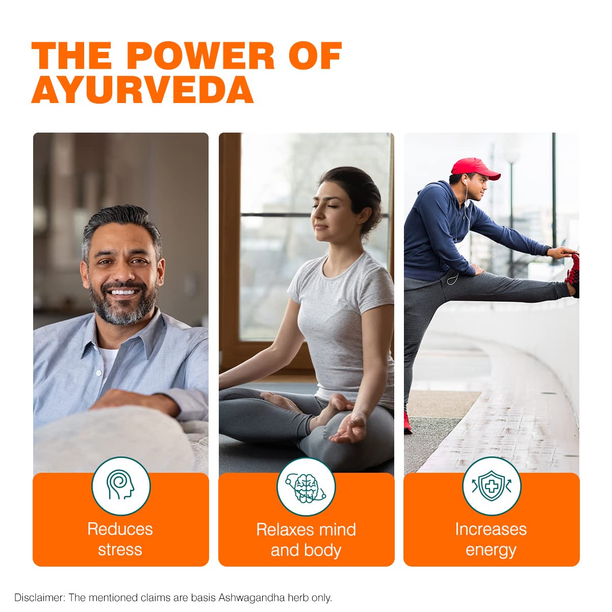 Promotional graphic for Ayurveda benefits with three people in different settings.
