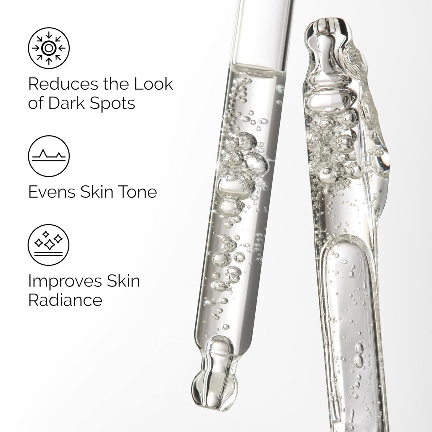Skincare product with text indicating its benefits on a white background