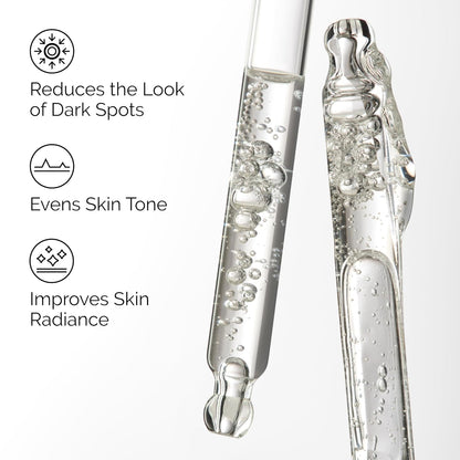 Skincare product with text indicating its benefits on a white background