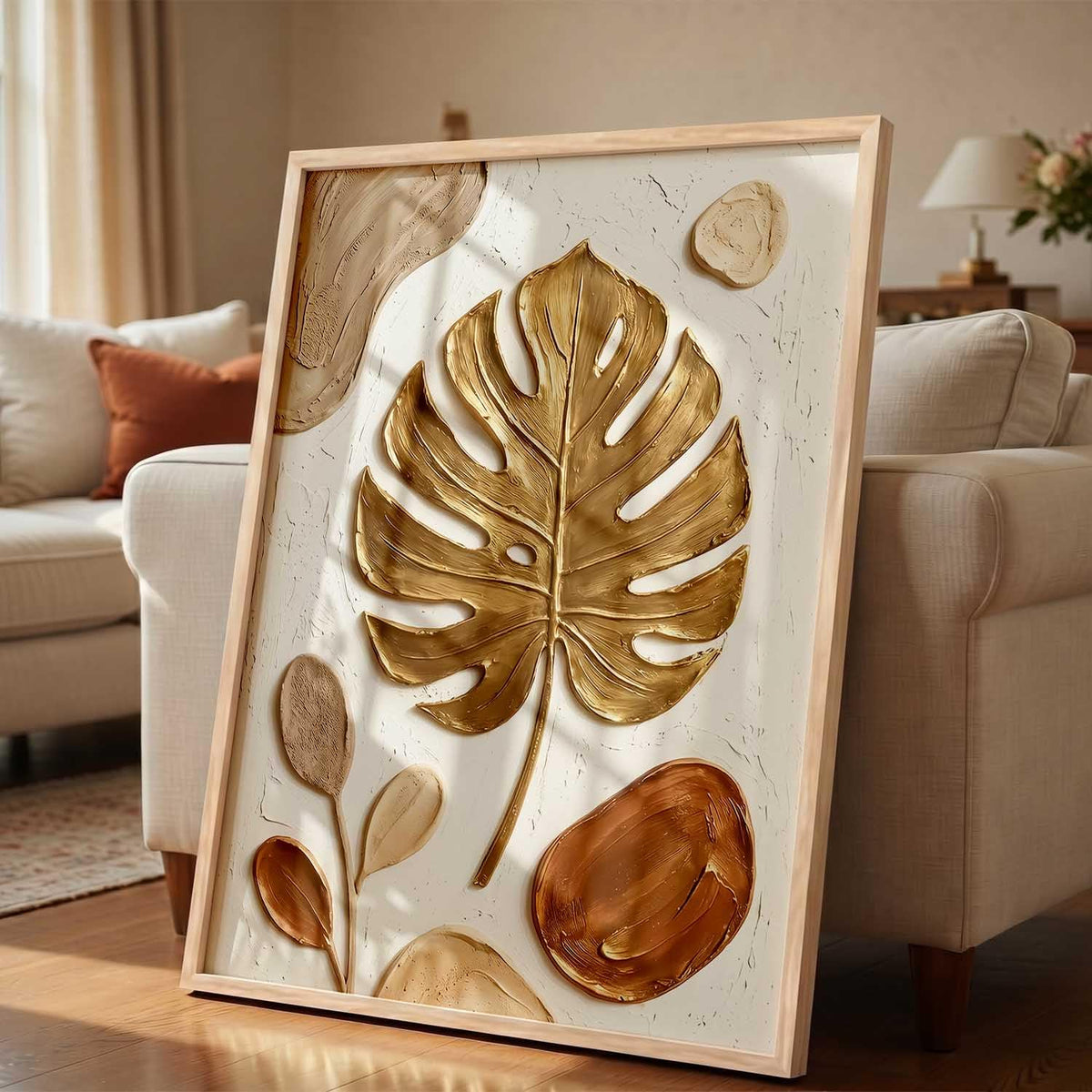 Golden Leaf Wall Art Home Decoration | Aesthetic Floral Paintings With Frame For Living Room Bed Room Hotel Wall Decor Digital Reprint (19x25 inch)