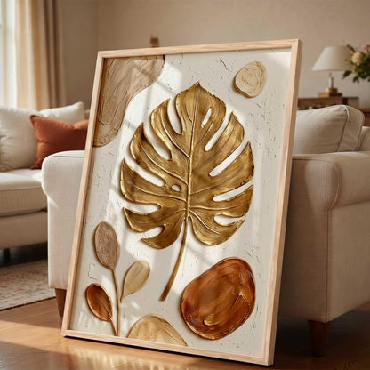 Golden Leaf Wall Art Home Decoration | Aesthetic Floral Paintings With Frame For Living Room Bed Room Hotel Wall Decor Digital Reprint (19x25 inch)