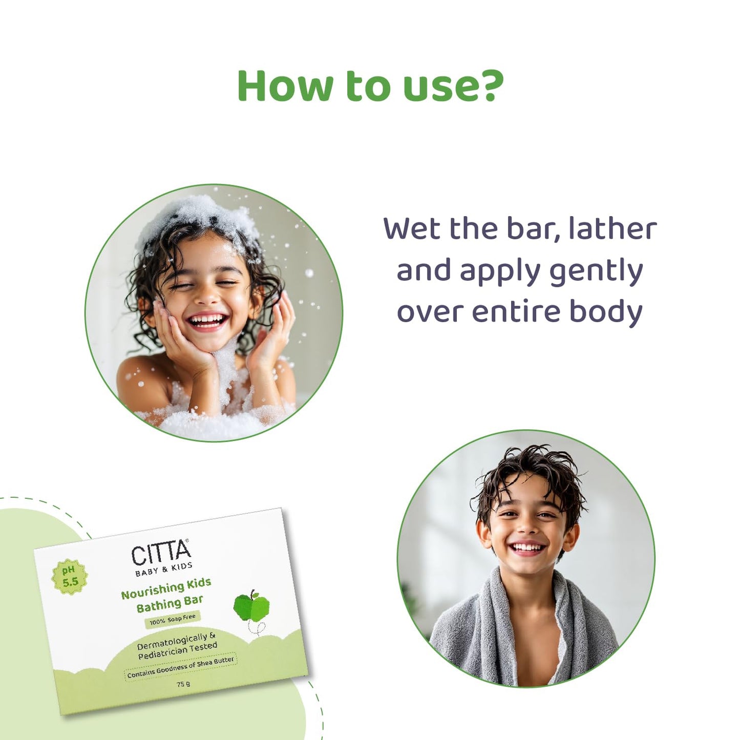 CITTA Bathing Bar for Babies & Kids | Soap-Free, No Tears | Dermatologist Approved pH Balanced Wash for Sensitive Skin | Shea Butter for Soft & Glowing Skin | 75g