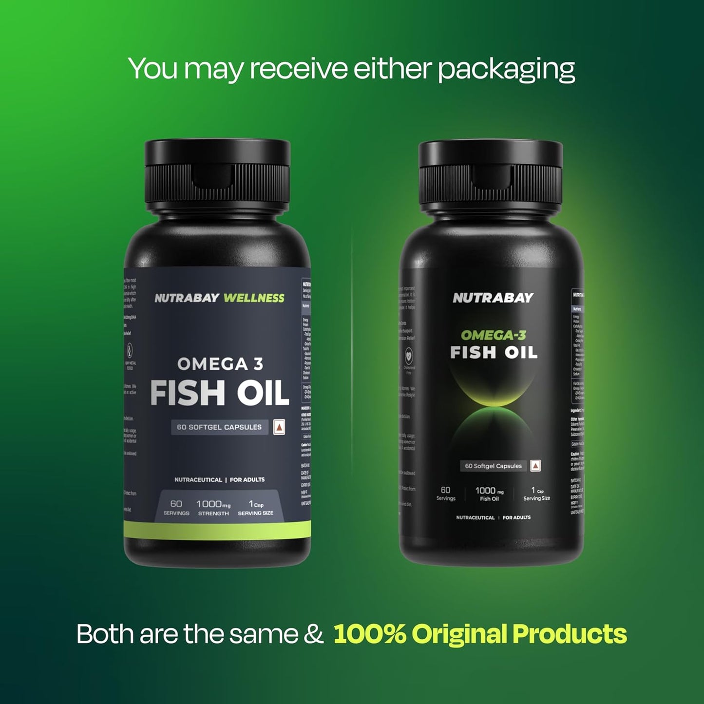 Two bottles of Nutrabay Omega-3 Fish Oil on a green background with text about packaging.