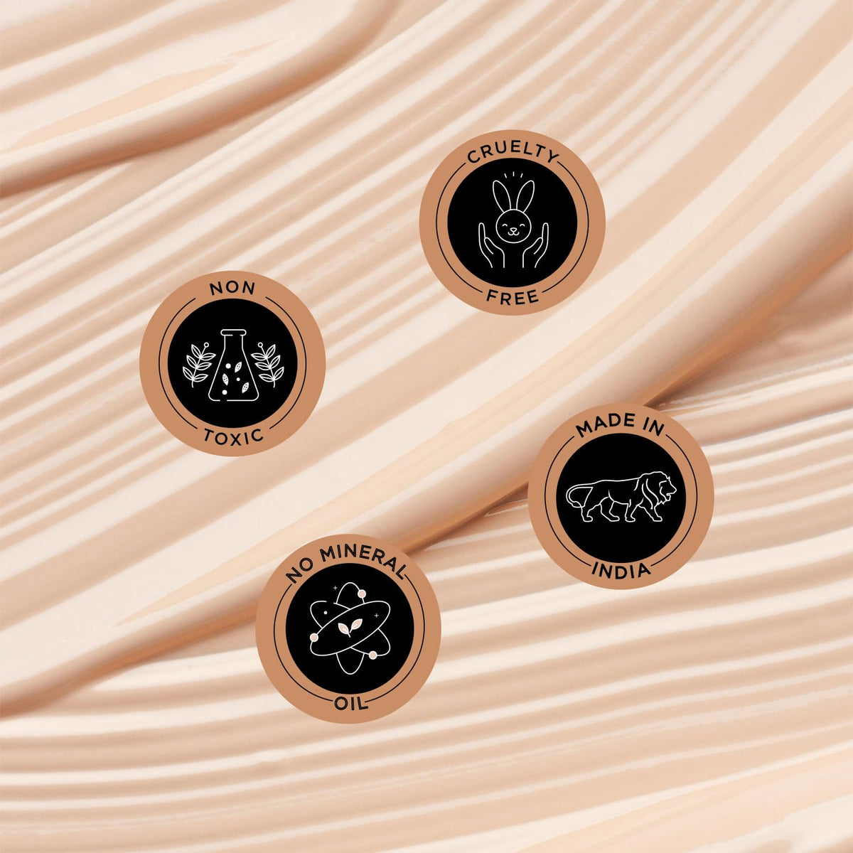 Four circular labels with icons and text on a beige fabric background