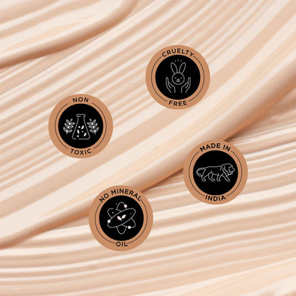 Four circular labels with icons and text on a beige fabric background