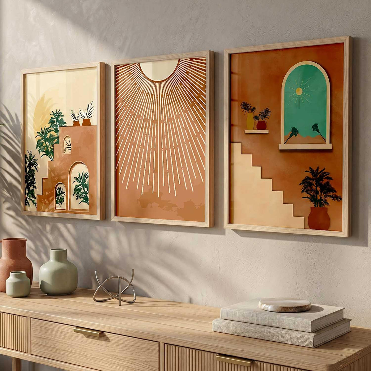 Boho Art Home Decoration Modern Paintings With Frame For Living Room Bed Room Hotel Wall Decor Digital Reprint Set of 3 (13X17 inch)