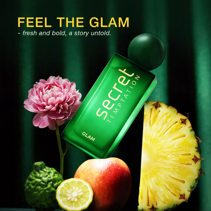 Green bottle labeled 'Secret Temptation' with a pink flower, pineapple, apple, and lemon on a dark green background.