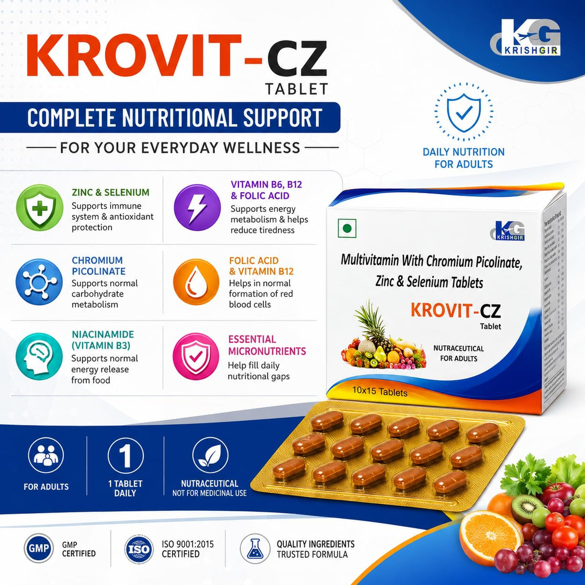 KROVIT-CZ Multivitamin Tablets with Chromium Picolinate, Zinc, Selenium, Vitamin B6, Vitamin B12, Folic Acid & Nicotinamide | Daily Nutritional Supplement for Adults | 150 Tablets