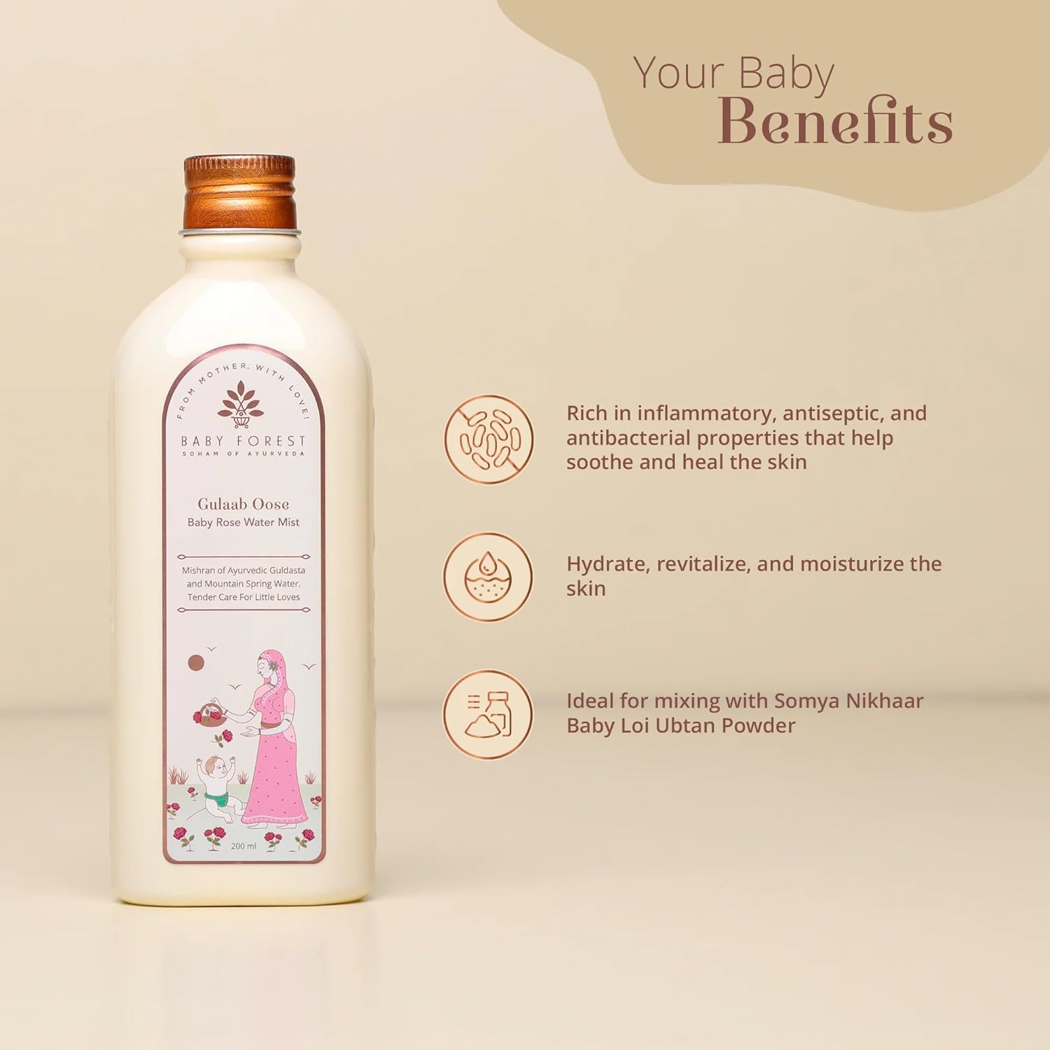 Baby skin care product with benefits listed on a beige background
