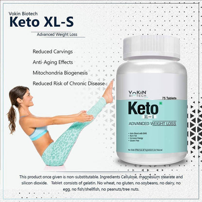 Vakin Biotech Keto XL-S supplement bottle with a woman exercising on a white background