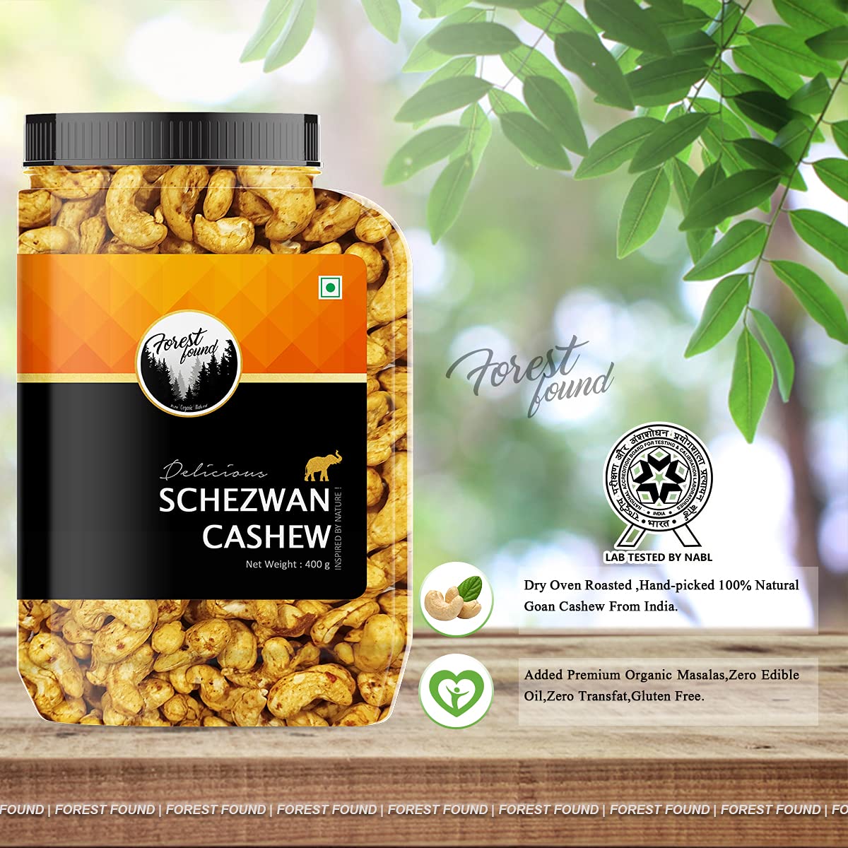 Forest Found Schezwaan Cashews 400g | Dry Oven Roasted & Salted Kaju | Zero Oil & Non-Fried Crunchy Nut Snack | Low Sodium & Protein-Rich | Spicy Flavored Premium Whole Cashews
