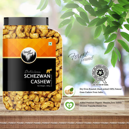 Forest Found Schezwaan Cashews 400g | Dry Oven Roasted & Salted Kaju | Zero Oil & Non-Fried Crunchy Nut Snack | Low Sodium & Protein-Rich | Spicy Flavored Premium Whole Cashews