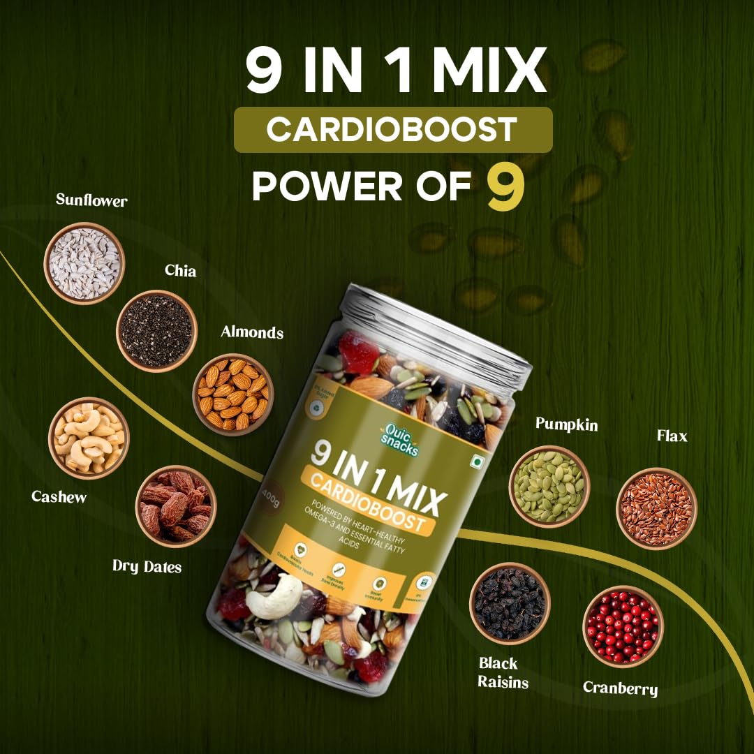 QuicSnacks 9-in-1 Cardioboost Seed Mix | Omega-3 Rich Trail Mix | Crunchy & Flavorful Snack | Healthy Nuts & Dry Fruits for Heart Health & Circulation