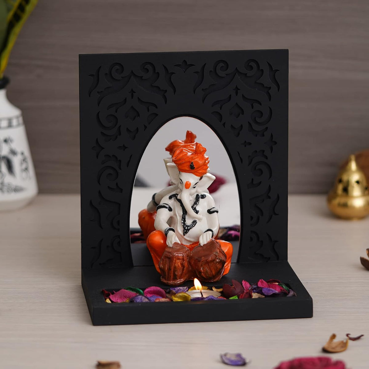 Orange White Resin Lord Ganesha Idol Playing Tabla Showpiece Potpourri Tea Light Candle Holder| Ganpati Murti Tea Light Holder Diwali Decoration Items for Home Decor Office| Diwali Gift