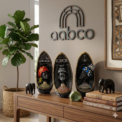 Vibrant Beautiful Finish Uniquely Hand Crafted Home Decor African Tribal Women Art Piece (African Face Lady Set of 3)