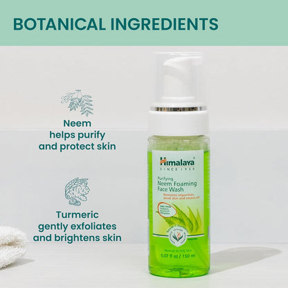 Himalaya Neem Foaming Face Wash bottle with botanical benefits text on a light background