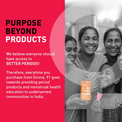 Advertisement for Sirona period products with text about access to better periods and community support.
