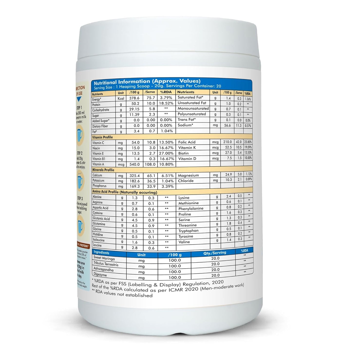 Nutritional information label on a supplement container with a white background