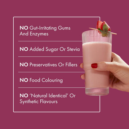 Hand holding a glass of pink smoothie with a strawberry on a purple background, featuring text about ingredient claims.