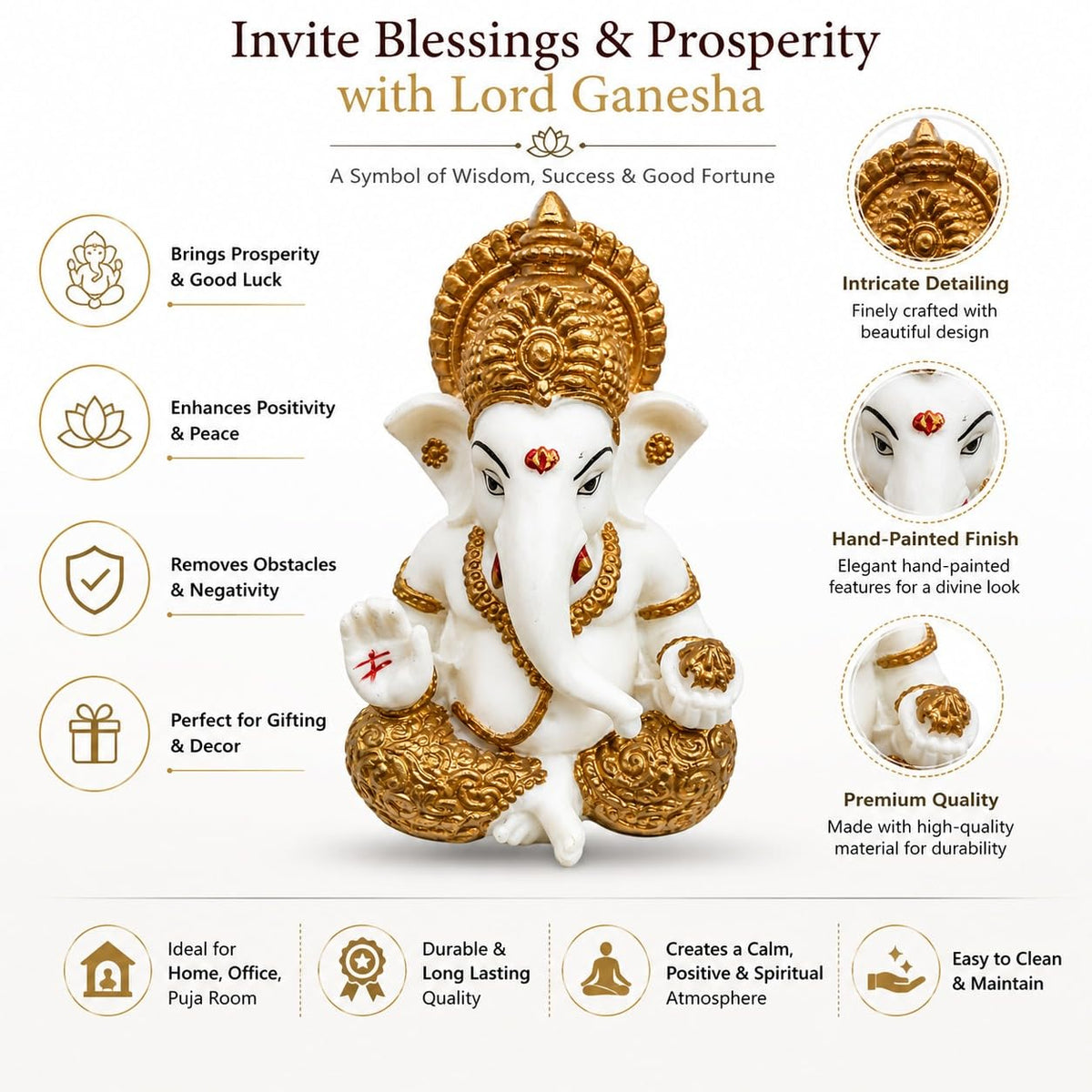 White & Gold Ganesha Idol for Home Decor, Ganpati Bappa Murti for Puja Room, Lord Ganesh Statue for Car Dashboard & Office Desk, Decorative Hindu God Showpiece, 3.3 Inch