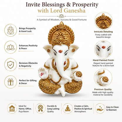 White & Gold Ganesha Idol for Home Decor, Ganpati Bappa Murti for Puja Room, Lord Ganesh Statue for Car Dashboard & Office Desk, Decorative Hindu God Showpiece, 3.3 Inch