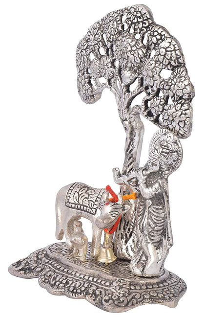 Lavanaya Silver Lord Krishna with Cow Standing Under Tree Playing Flute Silver Plated Figurine (12x8x17cm), Floral