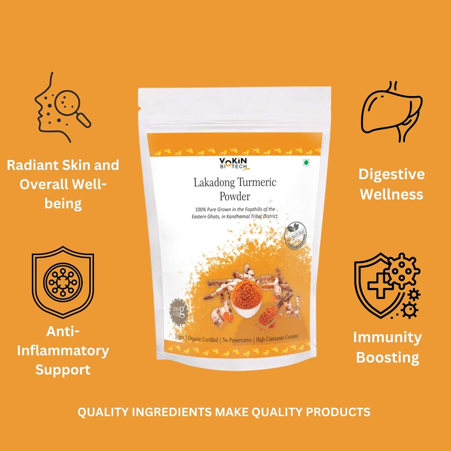 Lakadong Turmeric Powder packaging with health benefits on an orange background