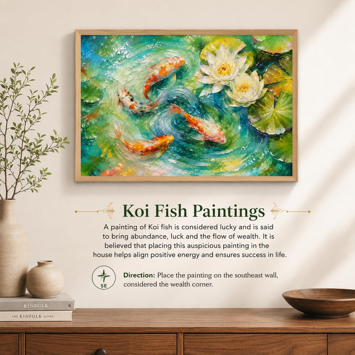 Koi Fish Lotus Pond Vastu Wall Painting for Living Room Bedroom Hall Office Decor, Water Lily Nature Artwork, Premium Wooden Synthetic Frame (13.5 x 19.5 Inch) NM01-V-178