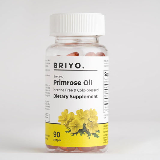 Bottle of Briyo Evening Primrose Oil dietary supplement on a light gray background