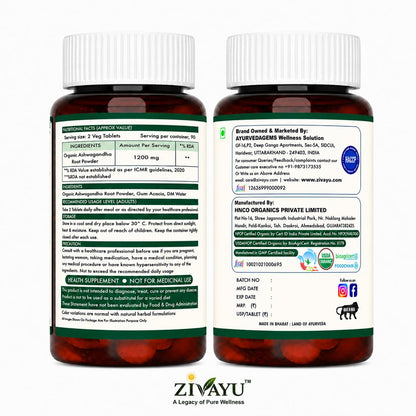 ZIVAYU Organic Ashwagandha Tablets 1200mg (600mg x 2 Per Serving) - Supports Stress & Anxiety Relief, Sleep & Muscle Recovery - USDA & India Organic Certified - Heavy Metal Tested - 90 Tablets