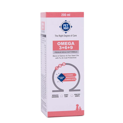 PET360 Omega 3+6+9 for Dogs | Blend of Salmon & Flax Seed Oils with Fur & Coat Protectives | Reduced Shedding | Shiny Coat | Healthy Joints | Nutritional Supplement for Pets - 200 ml