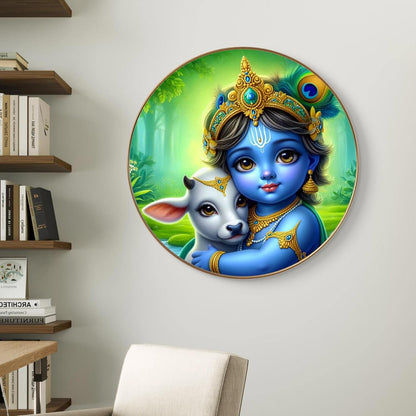 Bal Krishna Round Art Print with Golden Frame | Cute Baby Krishna with Cow HD Art Print for Pooja Room Kids Room Living Room 16 Inch x 16 Inch