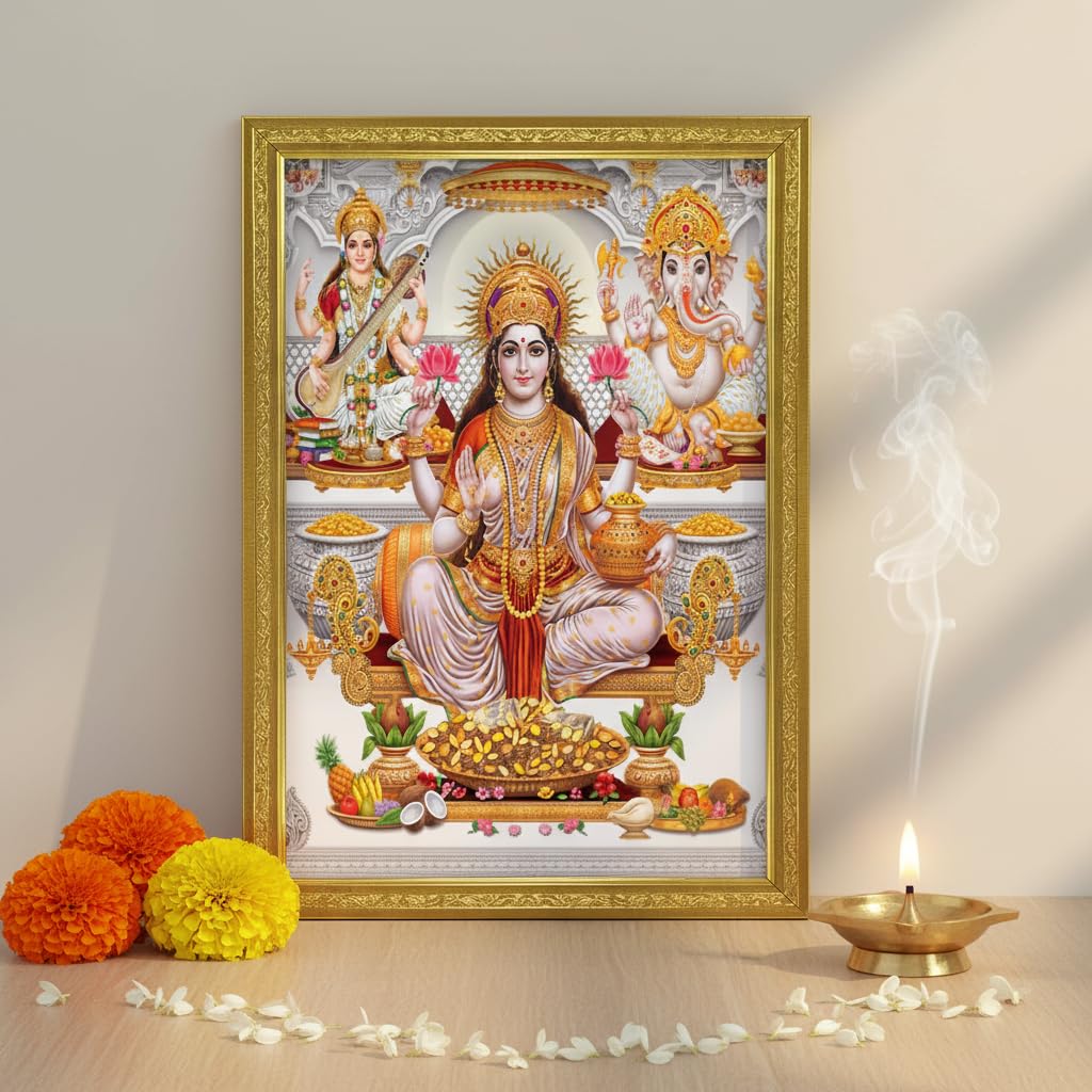 Lakshmi With Ganesha and Saraswati Photo Painting with Golden Frame for Temple - (14 x 12 Inches)